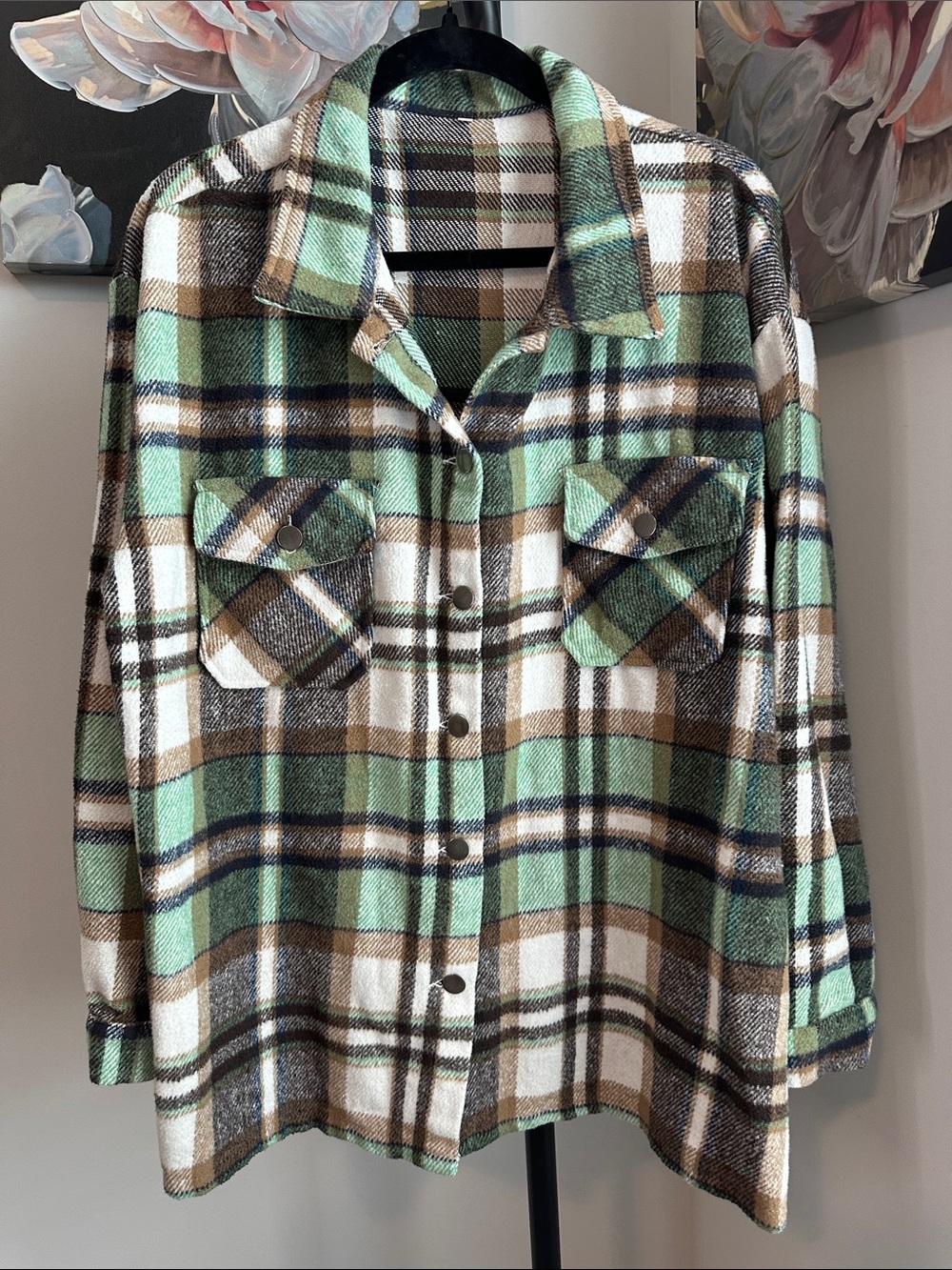 Women’s Plaid Utility Shacket Jacket in Mint, Brown & Cream
